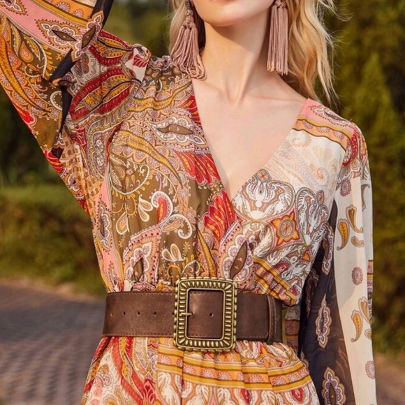 Women's wide brown vegan leather boho chic vintage big bronze buckle waist belt - Picture 5 of 17